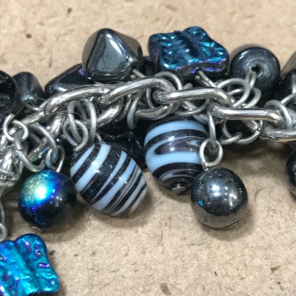 Black Blue Glass Beaded Bracelet Large Chunky Kinetic Statement iridescent charm - Picture 8 of 10